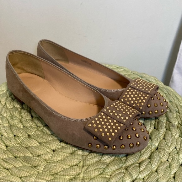 J. Crew Kiki Gold Studded Bow Warm Fig Gray Suede Ballet Flats - Picture 1 of 8